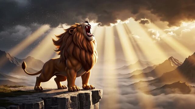 A stylized golden cartoon lion is roaring fiercely from a rocky prison setting under dramatic, sunlit skies.