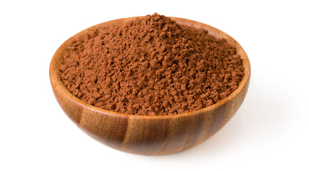 Raw cocoa powder in the wooden bowl, isolated on white background.