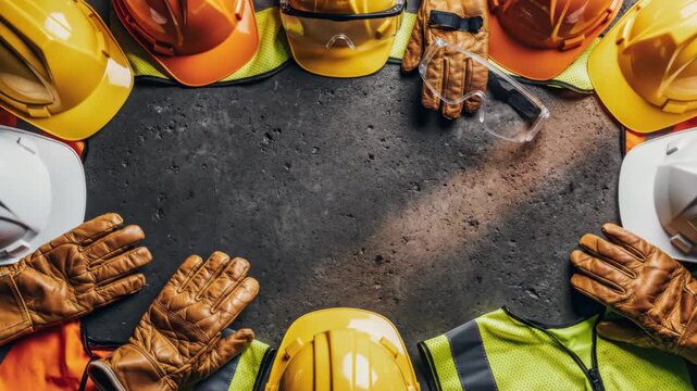 Construction Safety Gear Flat Lay - This video showcases a variety of construction safety gear, including hard hats, gloves, safety glasses, and vests, arranged in a flat lay formation.