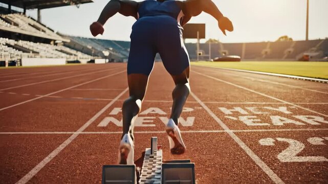 Athlete Preparing to Sprint - An athlete is poised in the starting blocks on a running track, ready to begin a sprint.