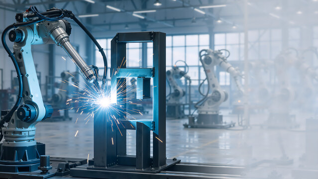 Industrial robot arm welding metal structure with bright sparks. Automated manufacturing factory background. Industry 4.0 concept