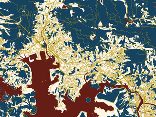 Naklejka premium Decorative abstract map of Sasebo, Japan, featuring minimal ivory map base with golden roads and dark red water bodies in a modern flat style