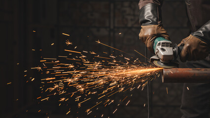 Close up of hands in leather gloves using an angle grinder to cut a metal pipe. Bright orange sparks flying in a dark workshop. Industrial metal fabrication and construction concept