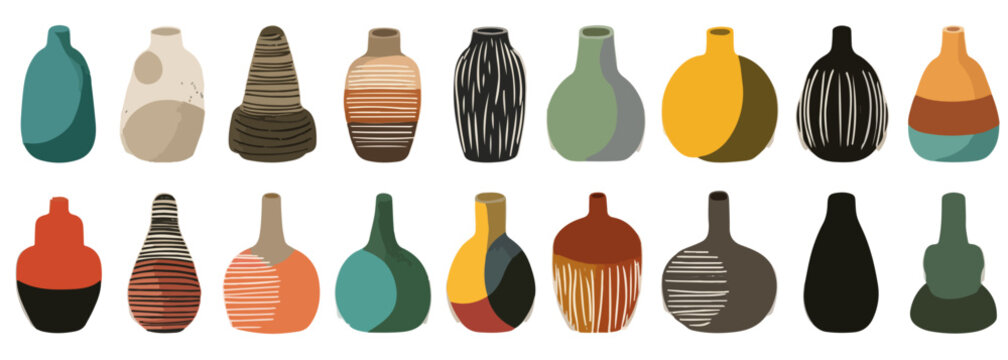Colecci&oacute;n de jarrones decorativos de cer&aacute;mica con dise&ntilde;os abstractos y colores tierra, sobre fondo transparente.