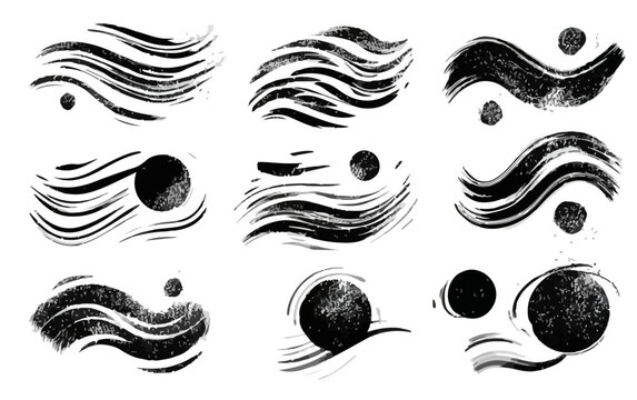 Conjunto de trazos de pincel abstractos en blanco y negro con c&iacute;rculos, elementos gr&aacute;ficos transparentes para dise&ntilde;o.