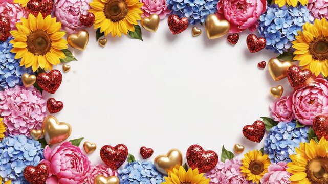 Floral Heart Frame - A beautiful arrangement of sunflowers, hydrangeas, and peonies frames a white space, accented by gold and glittery red heart shapes.