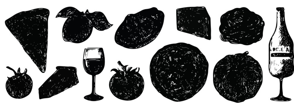 Siluetas negras de comida italiana y vino sobre fondo blanco, elementos de dise&ntilde;o transparente.