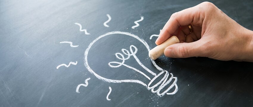 Close up of a hand drawing a glowing light bulb symbol using white chalk on a dark slate chalkboard surface representing creativity and new ideas concept inspiration education innovation - Powered by Adobe