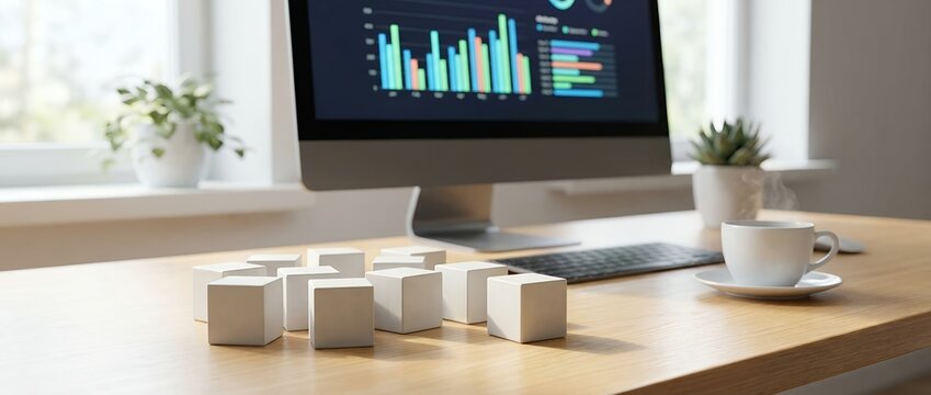 Group of small white mockup cubes arranged on a light wooden desk surface in front of a computer monitor displaying colorful business analytics charts blocks data office modern presentation