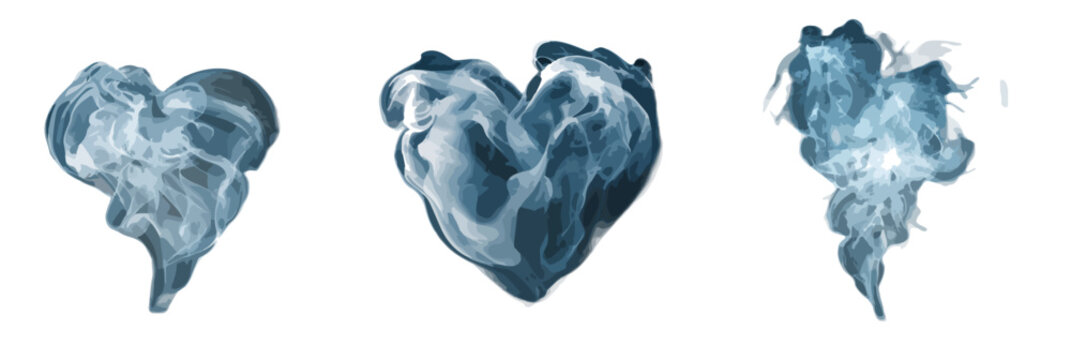Tres corazones de humo azul sobre fondo blanco, concepto abstracto de amor y transparencia.