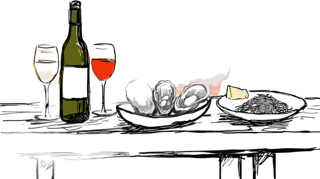 Bodeg&oacute;n de vino tinto y blanco con ostras y aperitivo, estilo boceto transparente