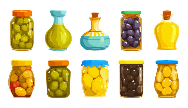 Frascos de aceitunas y aceites en un fondo transparente, ilustraci&oacute;n vectorial de alimentos en conserva