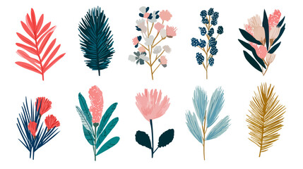 Conjunto de ilustraciones bot&aacute;nicas de acuarela con hojas y flores sobre fondo transparente.