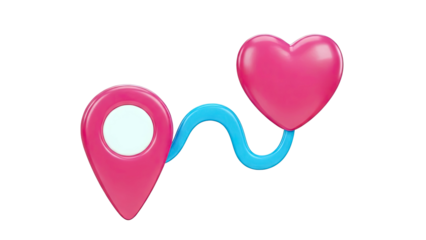 3D Pin Location and Heart Connected by Blue Curve