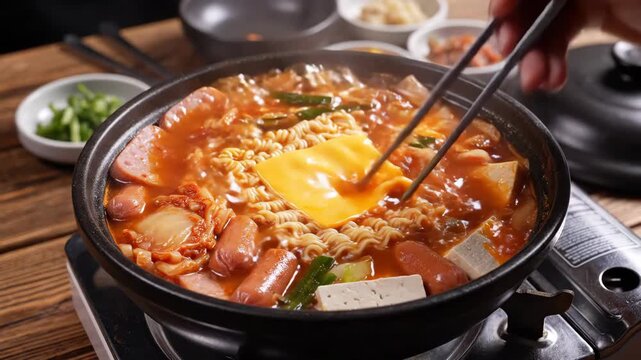 Budae Jjigae Cooking - A close-up shot of budae jjigae (Korean army stew) boiling in a black pot, with ingredients such as ramen, sausages, tofu, kimchi, and a slice of cheese visible.
