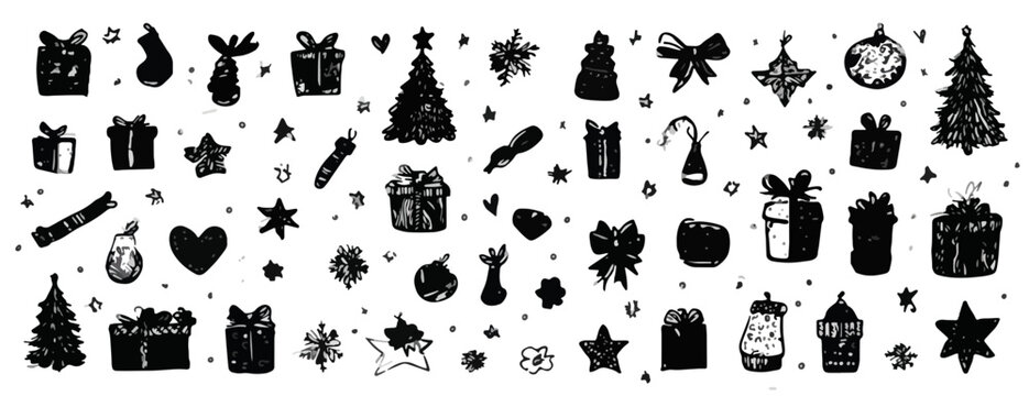 Colecci&oacute;n de iconos de Navidad dibujados a mano con regalos, &aacute;rboles y adornos sobre fondo blanco.