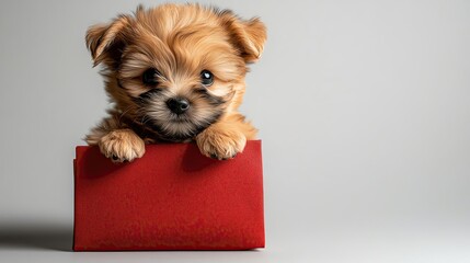 Cute puppy peeking over a red box.