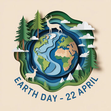 Papercraft earth day illustration celebrates global nature conservation with deer
