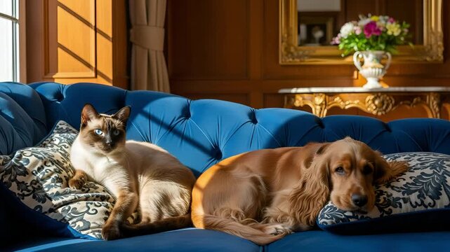A serene scene of a cat and dog resting together on a luxurious blue couch