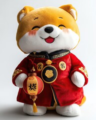 Cheerful plush dog wearing festive attire.