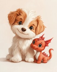 Cute puppy and cartoon dragon together.