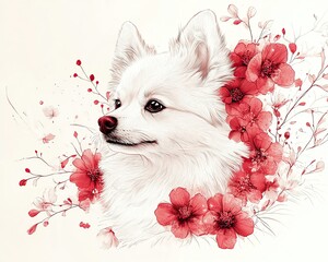 Elegant dog portrait surrounded by red flowers.