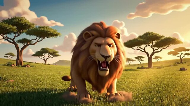 A detailed 3d illustration captures a fierce cartoon lion roaring aggressively, trapped in the golden savanna prison.