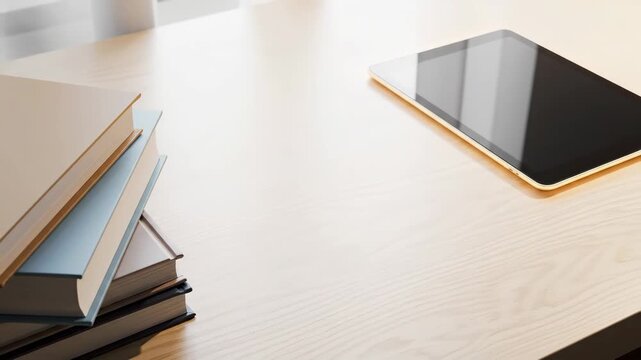 E-reader and Books on Desk - A stack of books sits next to a modern e-reader on a light-colored wooden desk. The screen of the e-reader is on, showing text.