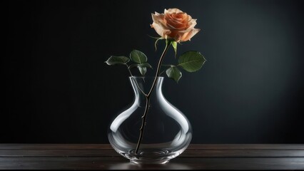 A single beautiful orange rose in a clear glass vase against a dark background.