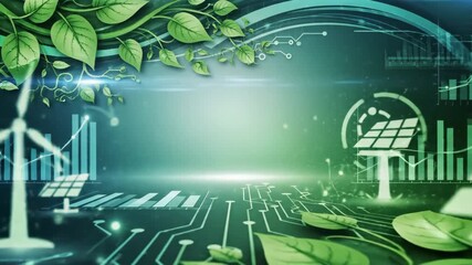 Sustainable Energy Technology Concept - This video depicts a conceptual visualization of sustainable energy technologies, featuring wind turbines, solar panels, and integrated circuit board designs. - Powered by Adobe