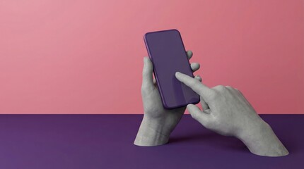 Two stylized hands holding and interacting with a purple smartphone against a vibrant pink and purple background.