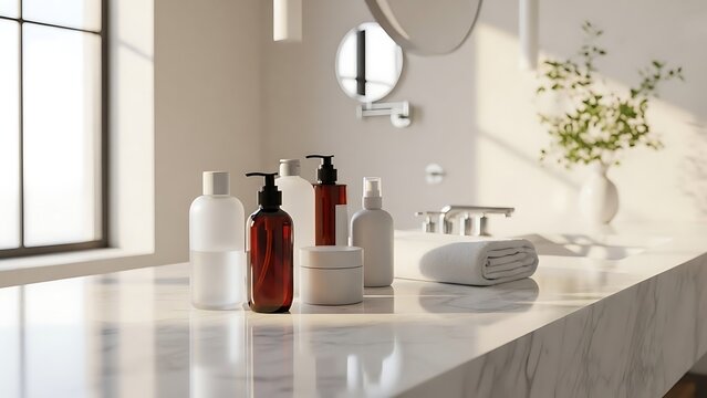Bathroom countertop with toiletries, towels, and flowers in a serene setting viewed from the side