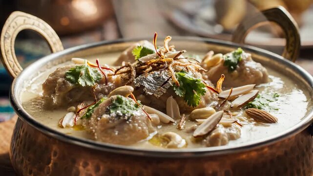 Malai Kofta Curry Close-up - A close-up shot features the creamy texture and detailed garnishes of Malai Kofta.