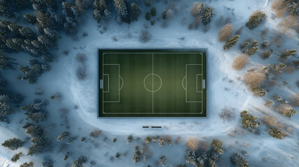 Snow covered aerial view of soccer field surrounded by winter forest with empty benches and soft light. High angle shot of a football pitch in a cold winter landscape.
