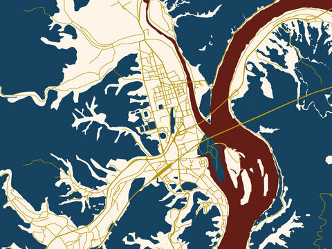 Modern graphic street map of Gapyeong, Korea, Republic of, with cream-toned city field with gold linework streets and deep red waterways for strong contrast