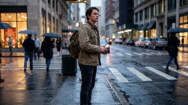 Pedestrian standing street corner urban environment