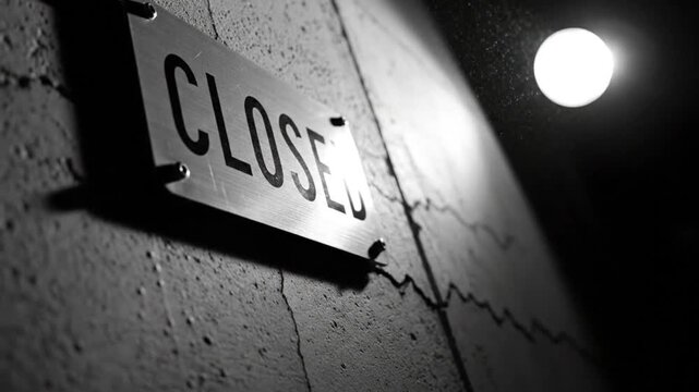 Business closure sign fixed on cracked wall at night