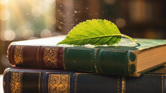 Books and Leaf in Sunlight - A stack of old, ornate books sits under a soft, warm light, with a single green leaf resting on the top book.