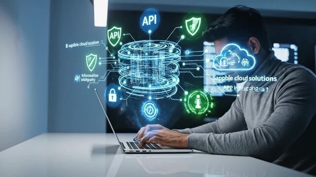 Data Security Cloud Computing - This video shows a man working on a laptop with a futuristic interface displaying cloud computing icons and security elements.