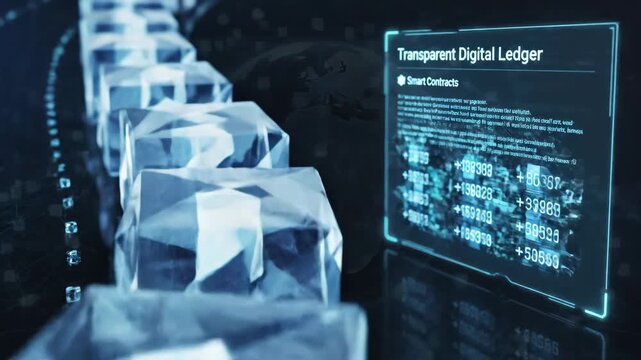 Blockchain Technology Concept - A digital blockchain graphic shows transparent digital ledger and smart contracts.