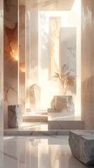 Naklejka premium Architectural marble space, light streaming, sculptures, nature accent