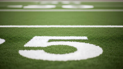 Close-up of the number five painted on a football field.