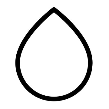 A single water droplet is depicted in a minimalist black outline on a white background from a direct viewpoint.