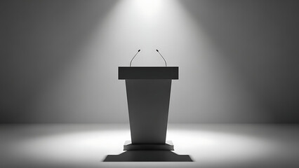 Podium with Microphones Under Spotlight for Public Speaking.