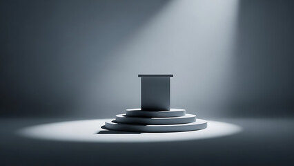 Empty pedestal illuminated by a spotlight in a minimalist setting.
