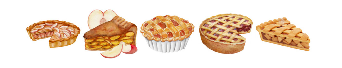 delicious watercolor illustration of various homemade apple pies and slices, perfect for autumn recipes and bakery designs.