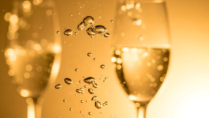 Close-up of champagne glasses with bubbles in a celebratory setting.