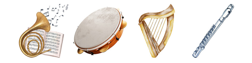 elegant watercolor illustration of various musical instruments: a french horn, a tambourine, a graceful harp, and a shiny flute.