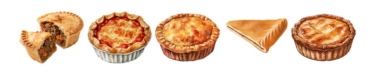 assortment of golden-crusted savory meat pies, filled with rich ingredients, showcasing hearty, traditional comfort food.