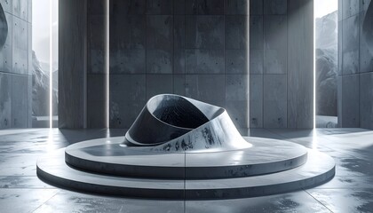 Modern, minimalist abstract sculpture on a pedestal, illuminated from above